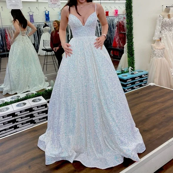 Gorgeous White Corset Back Iridescent Sequin Sherri Hill Prom Dress - Worn Once! - Picture 3 of 4